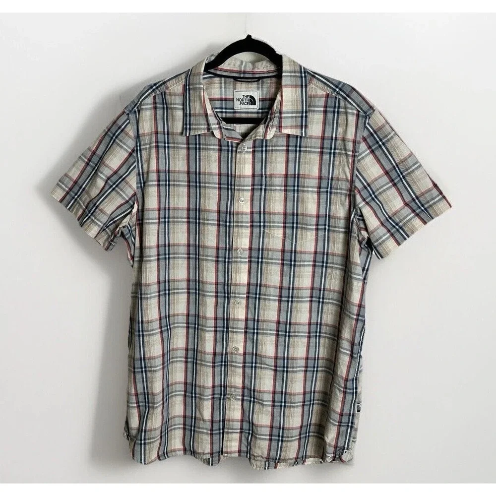 The‎ North Face Men's XL Plaid Button Up Shirt Short Sleeve Beige Navy